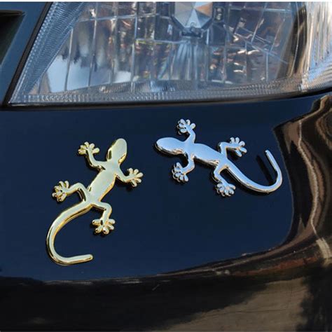 2 Pack Gold Gecko Car Sticker 3D House Lizard Shape Metal 